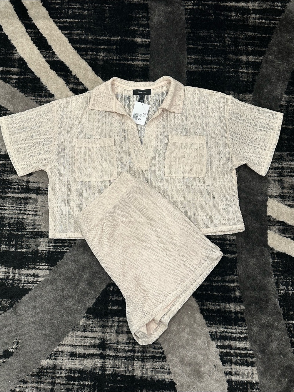 Cream Knit Short Set - Collared Top & Shorts
